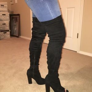 Over the knee open toe heeled boots